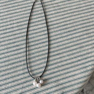 Cool Black cord Necklace with White Pearls hung on silver dangles